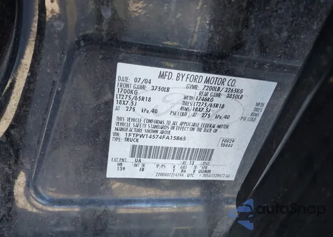 2004 Ford F-150 Fx4/Lariat/Xlt из США, поврежденный, VIN 1FTPW14574FA15865